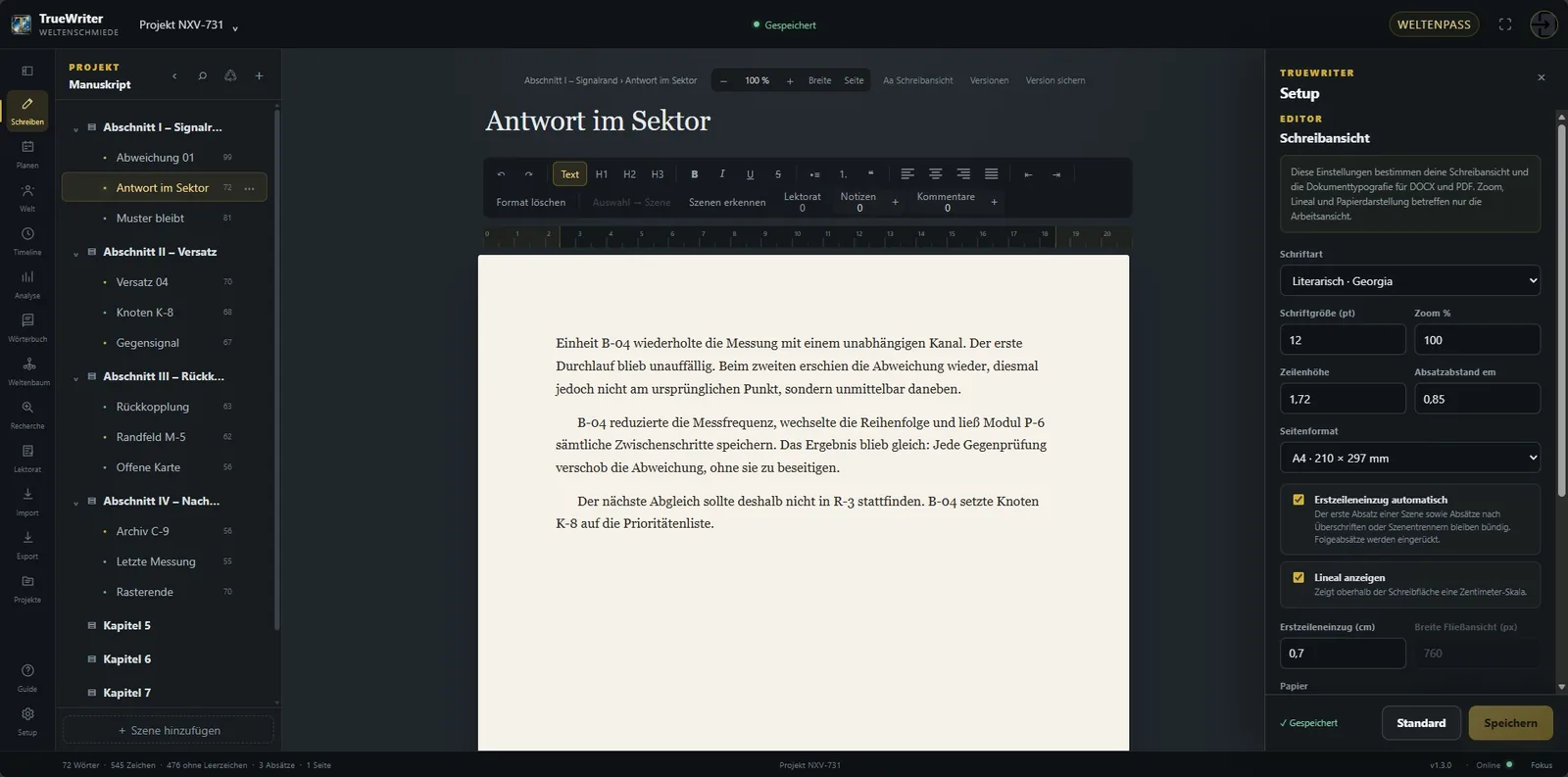 Rich-Text-Werkzeugleiste mit Formatierungen für den
eigentlichen Manuskriptinhalt.
