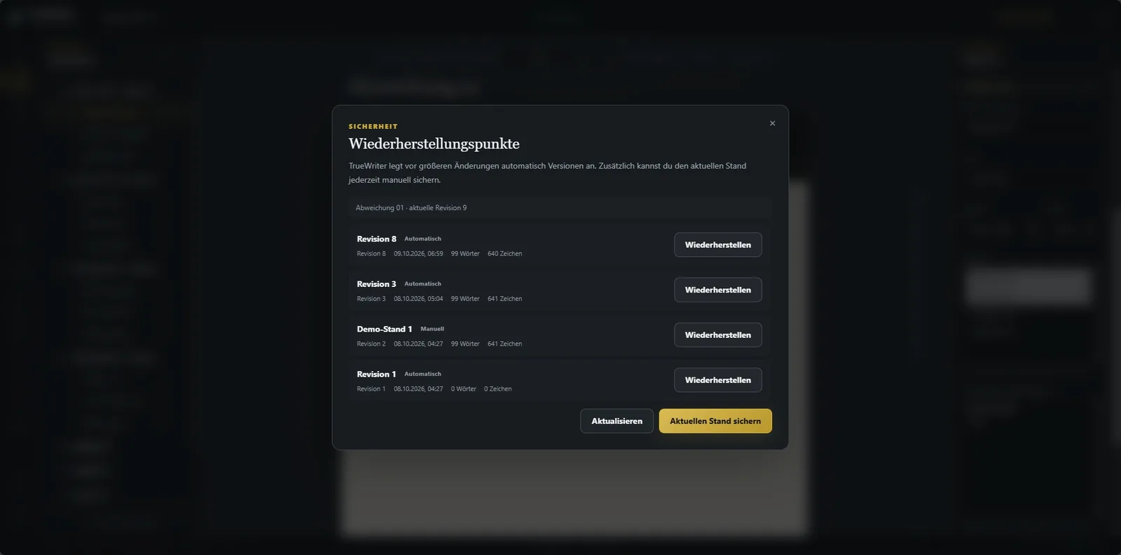 Versionen und Wiederherstellungspunkte ergänzen den
laufenden Speicherstatus.