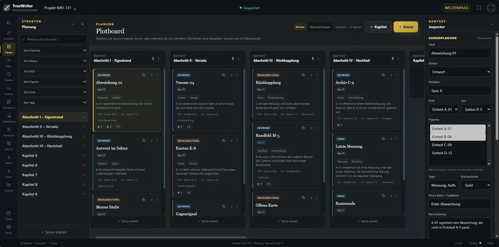 Plotboard-Kartenansicht: Kapitel als Spalten, Szenen
als planbare Karten.