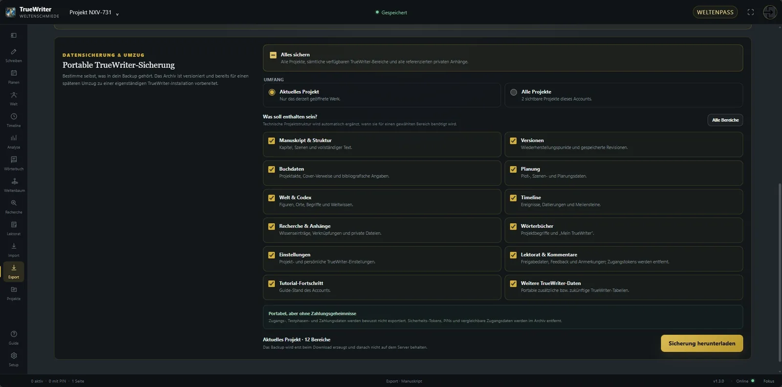Portable Datensicherung mit auswählbarem Umfang und
Kategorien.